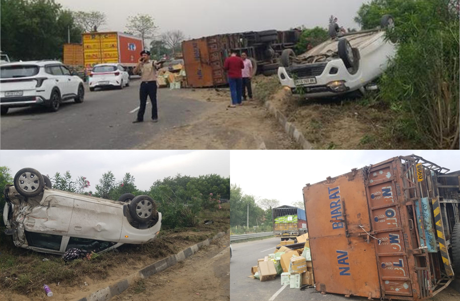 हाईवे पर पलटियां खाते गिरा ट्रक, कार के उड़े परखच्चे