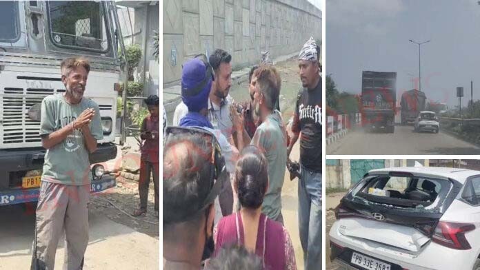 ट्रक और कार की टक्कर में जमकर हुई ड्राइवर की छित्तर परेड, भारी हंगामा